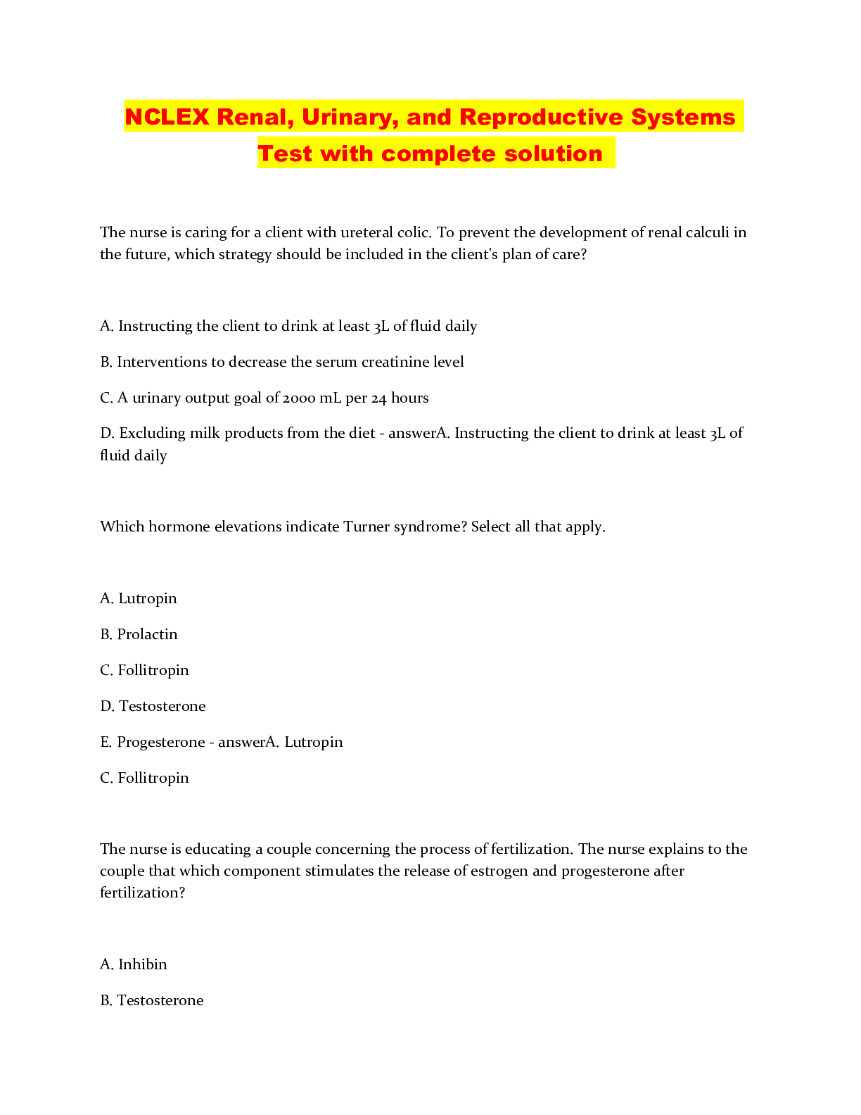 Preview image of NCLEX Renal, Urinary, and Reproductive Systems Test with complete solution document